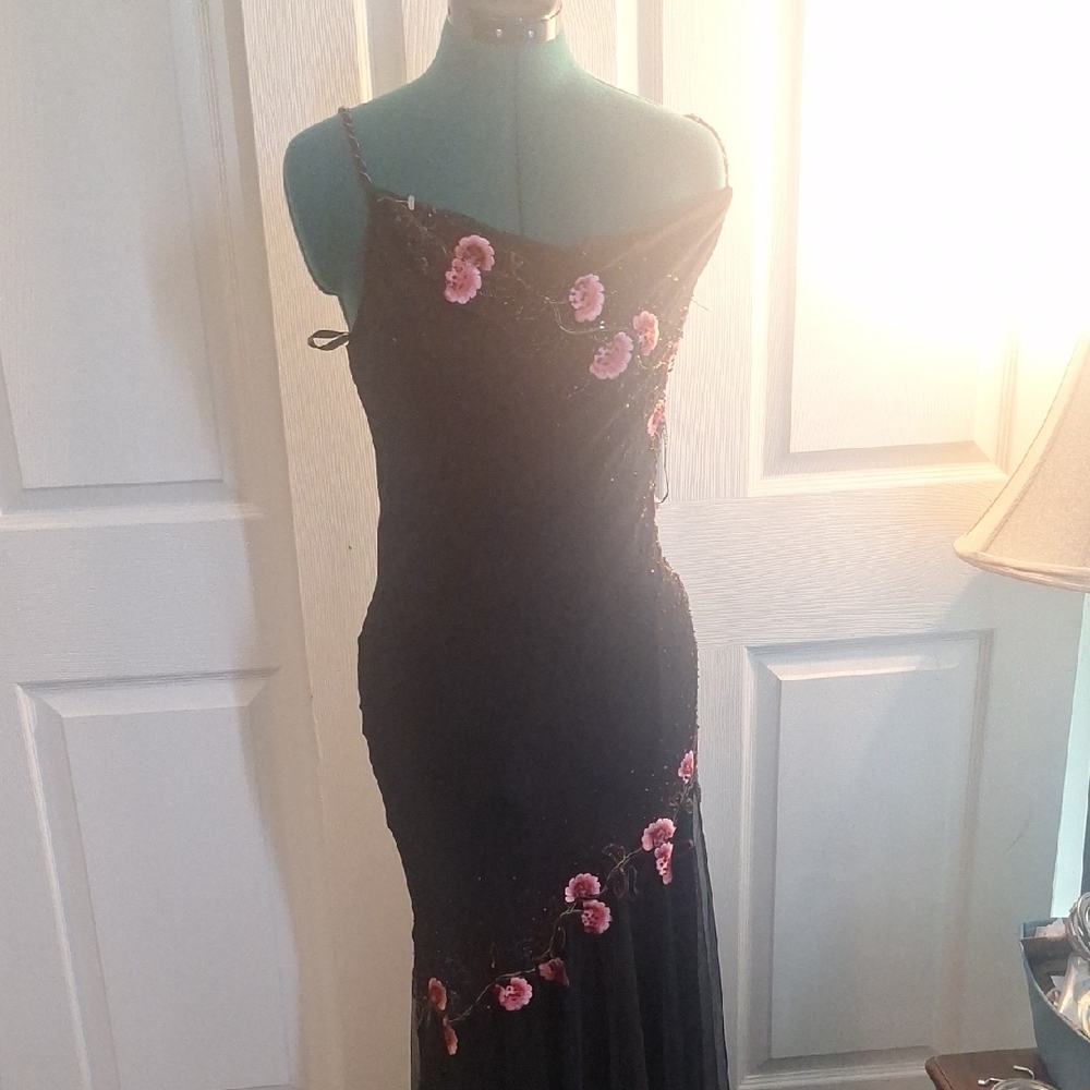 Xscape Black Pink Asymmetrical Embellished Slip Dress
